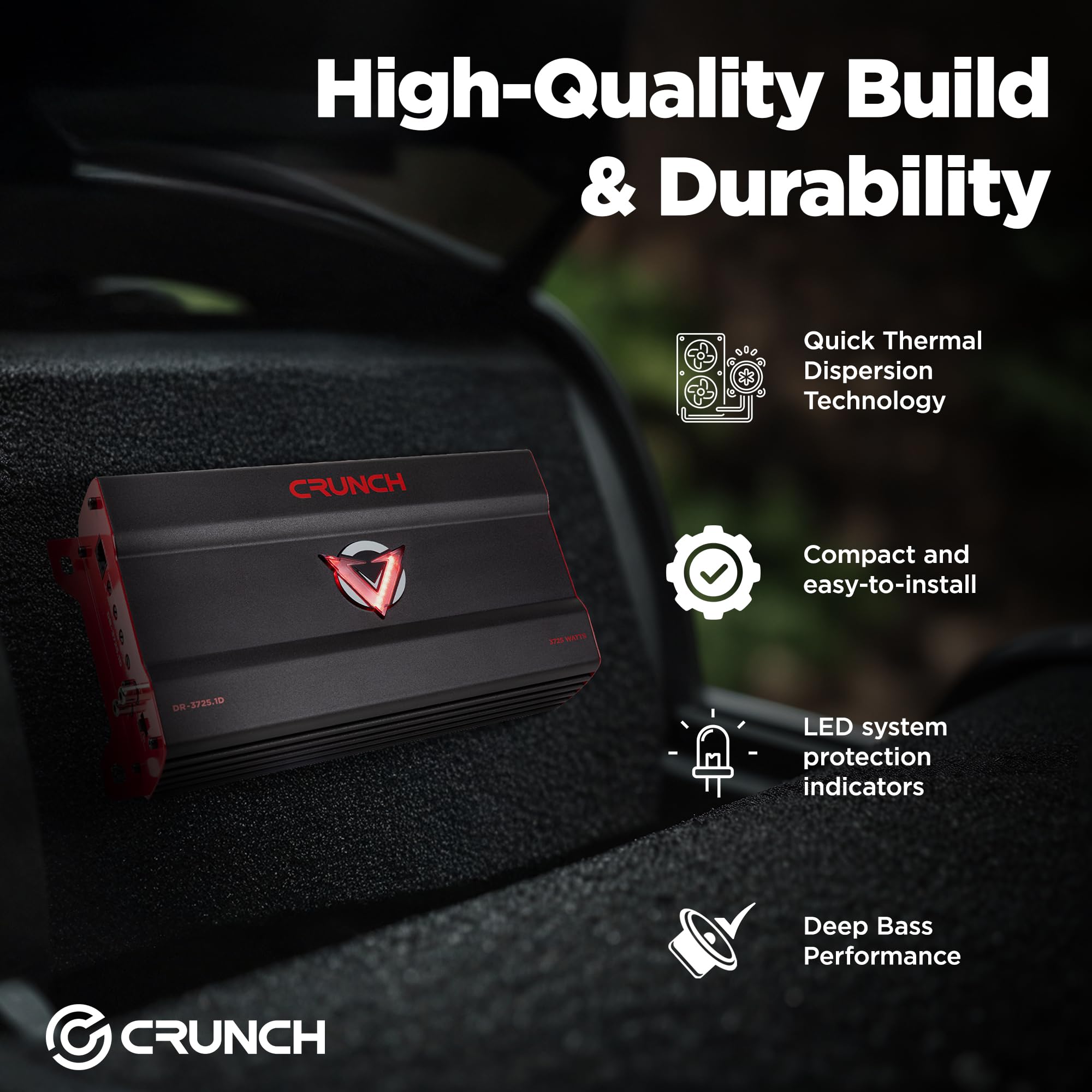 Crunch 3725W Monoblock Subwoofer Car Audio Amplifier with Adjustable Crossovers, Bass Knob & Remote, LED VU-Meter, QTD Cooling and PWM Power Supply Crunch 3725W Monoblock Subwoofer Car Audio Amplifier with Adjustable Crossovers, Bass Knob & Remote, LED VU-Meter, QTD Cooling and PWM Power Supply